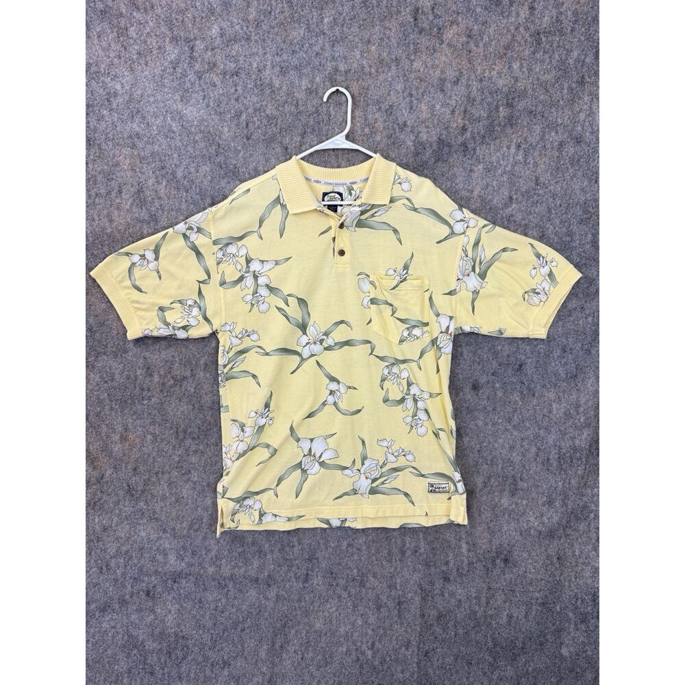 VTG Tommy Bahama Shirt Mens Medium Yellow Hawaiian Floral Polo Beach